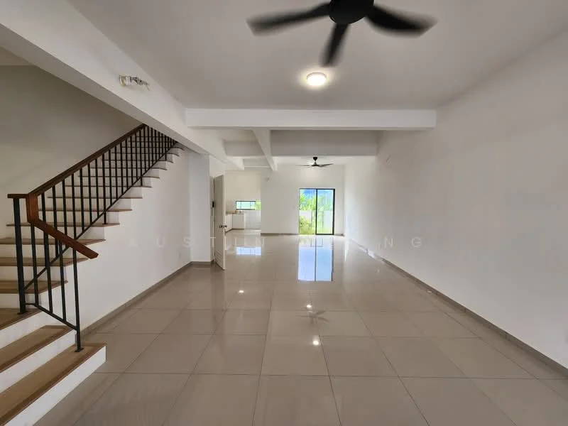 Living features: white painted walls, polished ceramic tile flooring, 5-blade ceiling fan, recessed downlights, large sliding glass door, floor-to-ceiling windows, open layout, staircase with wooden steps and metal railing; style: modern; view: garden.