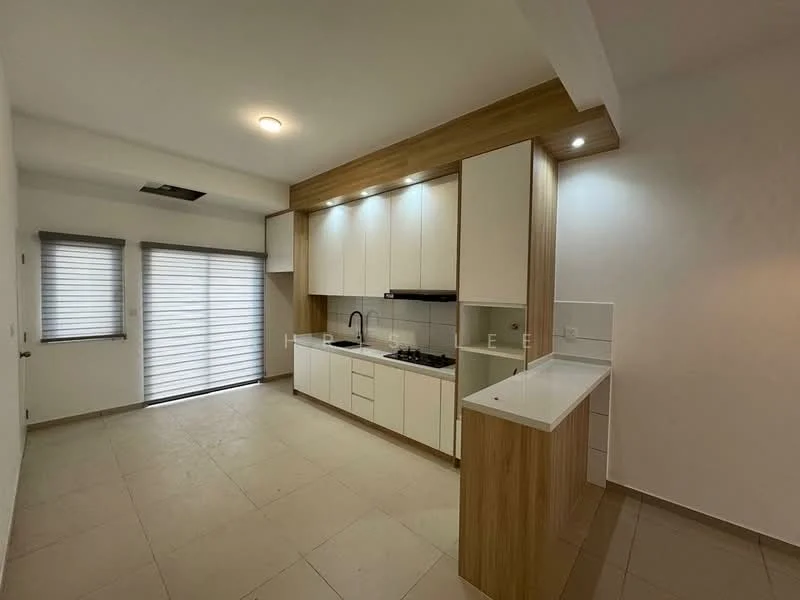 Kitchen features: white cabinetry, wood accent cabinetry, black built-in oven, black gas hob, single-bowl stainless-steel sink, chrome pull-down faucet, white countertop, tile backsplash, window with blinds, recessed lighting, pendant light, open layout, neutral tile flooring; style: modern.