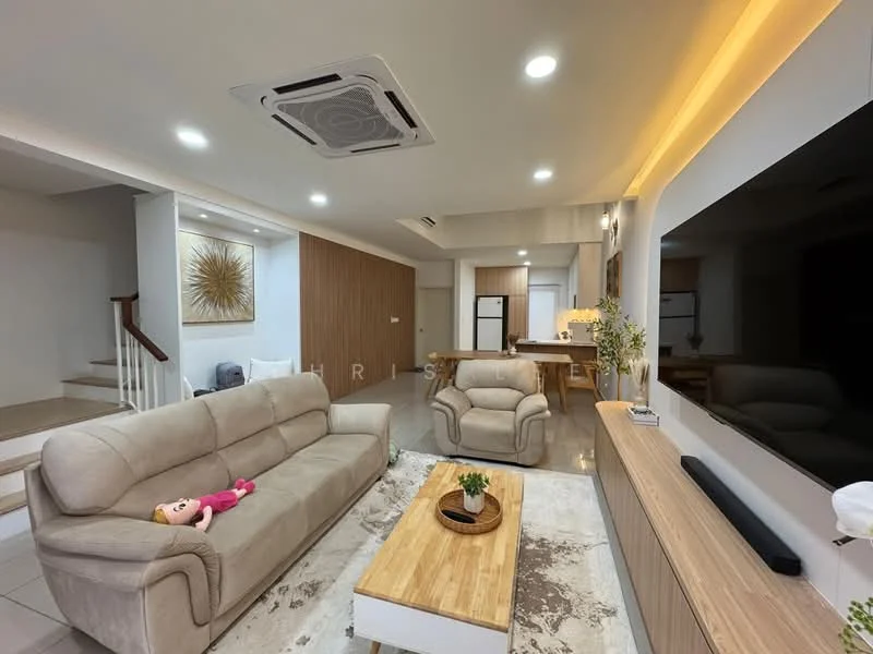 Living features: 3-seater fabric sofa in beige, 2 armchairs in beige, wooden coffee table, area rug with geometric pattern, wall-mounted TV, entertainment unit, recessed downlights, ceiling-mounted air conditioning unit, decorative wall art, light wood cabinetry, open-plan layout to dining area, neutral wall colour, tile flooring; style: modern.