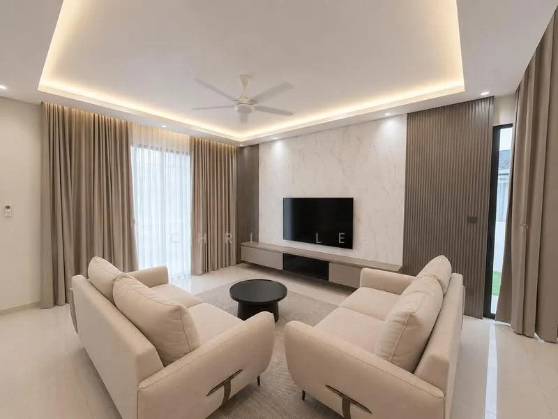 Living features: light-colored fabric sofa, 2-seater sofa, coffee table, wall-mounted TV, TV console, floor-to-ceiling windows, sheer curtains, recessed LED downlights, ceiling fan, marble accent wall, light-colored tile flooring, decorative wall panels, neutral color palette; style: modern; view: garden.