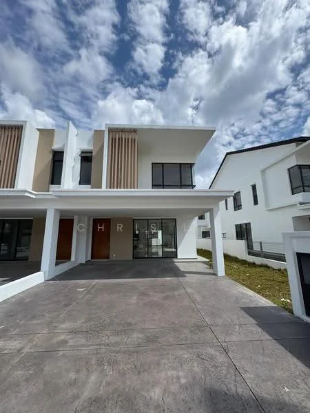 Exterior type: semi-detached house; features: white painted facade, cream accent panels, large glass windows, double main entrance doors, concrete driveway, manicured lawn, two-storey structure, flat roof, surrounded by other residential buildings; style: modern.