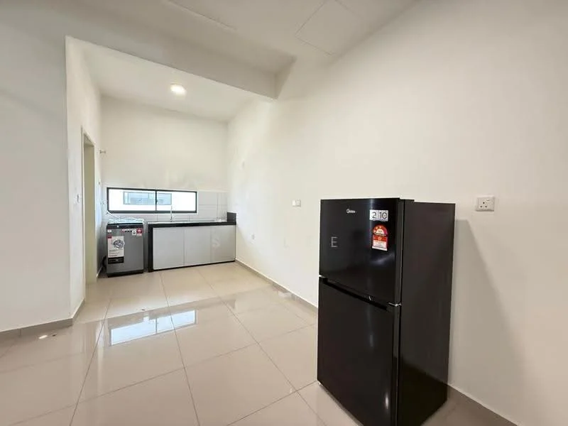 Kitchen features: white painted walls, tile flooring, recessed downlights, black refrigerator, stainless-steel sink, grey cabinetry, countertop with backsplash, window with view, built-in oven, dishwasher; style: modern.