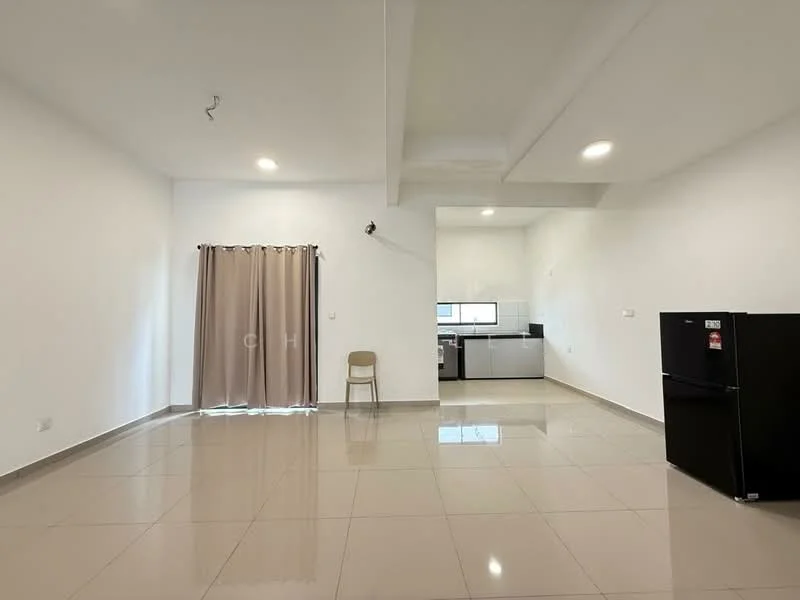 Living features: white painted walls, polished ceramic tile flooring, recessed downlights, large window with natural light, curtains, black refrigerator, single chair, open layout to kitchen; style: modern. Kitchen features: white cabinetry, black countertop, stainless-steel sink, built-in stove, wall-mounted hood, tile backsplash, open layout to living area; style: modern.