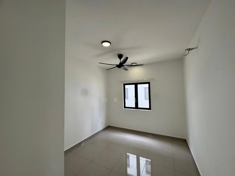 Room features: white painted walls, glossy ceramic tile flooring, 5-blade ceiling fan with light, single-pane window, natural light from window, no visible furniture, neutral color scheme, smooth ceiling; style: modern.