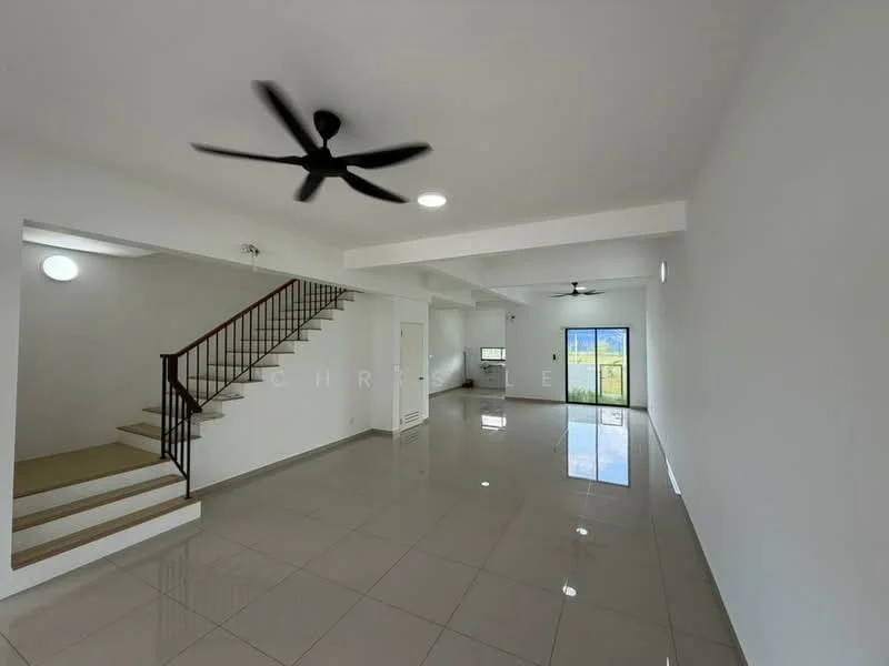 Living features: white painted walls, polished ceramic tile flooring, 5-blade ceiling fan with light, large windows, sliding glass door, staircase with metal railing, recessed downlights, open layout; style: modern; view: garden.