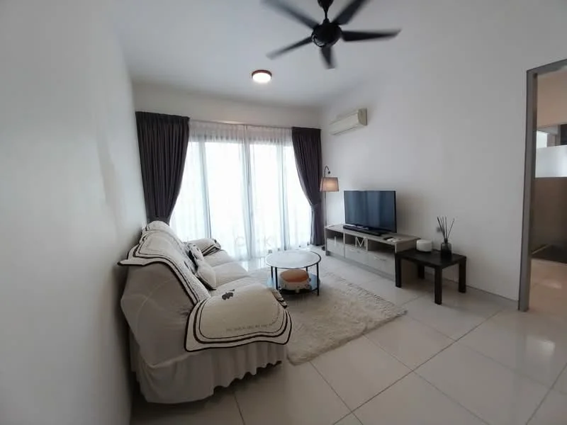 Living features: 2-seater fabric sofa in white, coffee table, TV console, wall-mounted TV, area rug, 5-blade ceiling fan, floor-to-ceiling windows, sheer curtains, air conditioning unit, decorative plant in ceramic pot; style: modern.