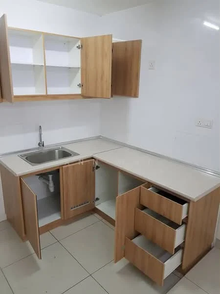 Kitchen features: single-bowl stainless-steel sink, chrome pull-down faucet, laminate countertop, wood cabinetry with light wood finish, upper cabinets with glass doors, lower cabinets with drawers, ceramic tile flooring, white painted walls; style: modern.