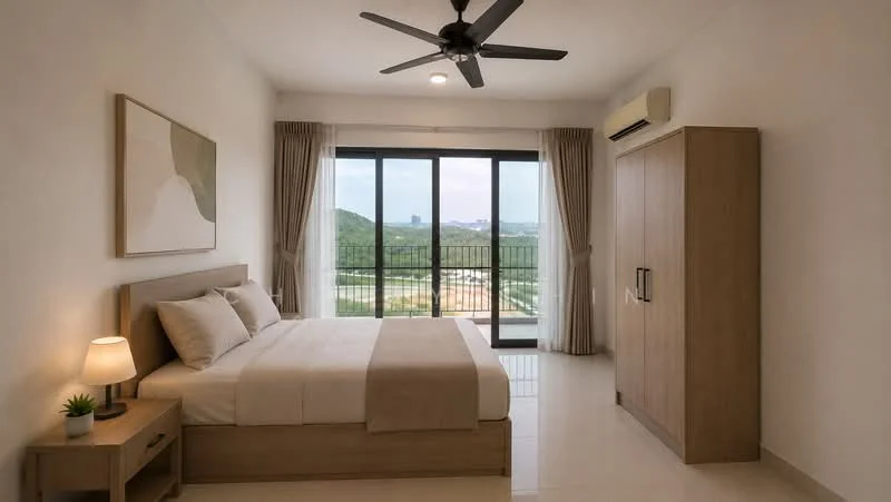 Bedroom features: king-size bed with beige bedding, upholstered headboard, 2 bedside lamps, wooden bedside table, built-in wardrobe, floor-to-ceiling windows, curtains, ceiling fan with light, white painted walls, tile flooring, decorative wall art, view of greenery; style: modern; view: garden.