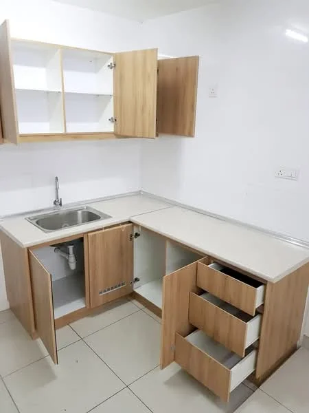 Kitchen features: single-bowl stainless-steel sink, chrome pull-down faucet, laminate countertop, wood cabinetry with light wood finish, open shelving above countertop, three-drawer cabinet, base cabinet with doors, white tiled walls, ceramic tile flooring; style: modern.