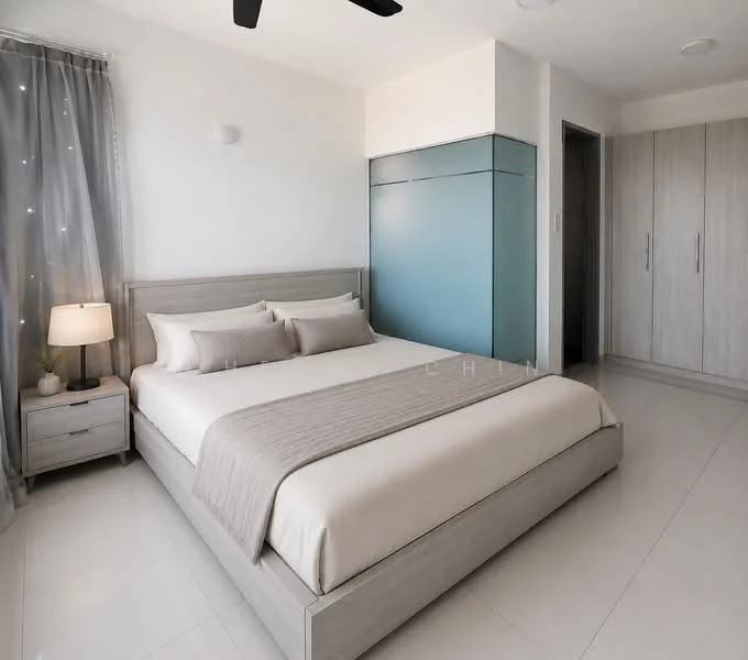 Bedroom features: king-size bed with light grey upholstered headboard, white bedding with decorative pillows, nightstand with lamp, built-in wardrobe with sliding doors, light grey walls, white ceiling, ceiling fan, large window with sheer curtains, tile flooring; style: modern.