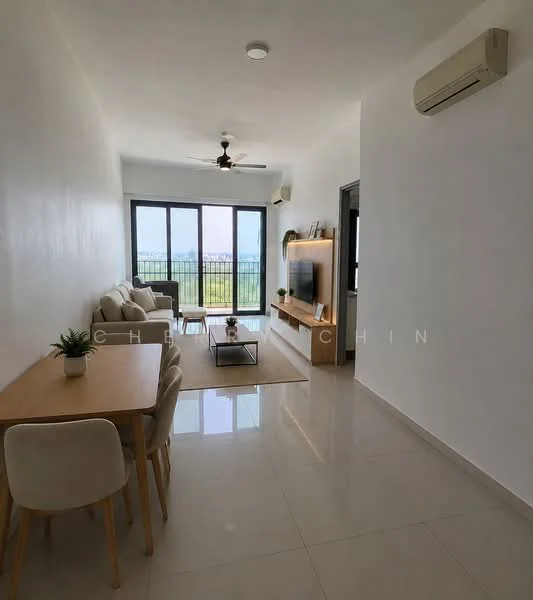 Living features: 3-seater fabric sofa in light beige, coffee table, wall-mounted TV, TV console, dining table for 4 with white chairs, floor-to-ceiling windows, sliding glass door, ceiling fan, wall-mounted split AC, light-colored tiled flooring, white painted walls, decorative plant on table; style: modern; view: city.