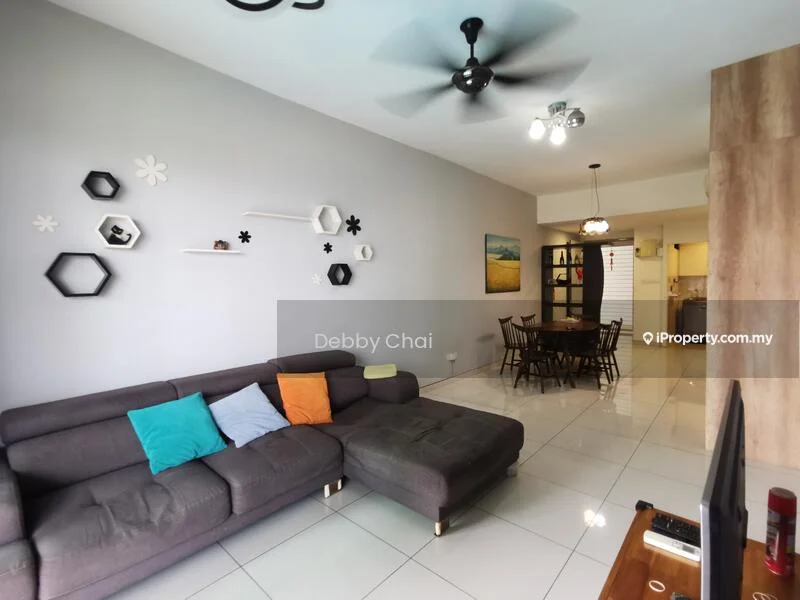 Living features: grey fabric sectional sofa, white walls, ceiling fan, recessed downlights, decorative wall shelves, hexagonal wall decor, large floor tiles, TV console, wall-mounted TV; style: modern. Dining features: wooden dining table, 6 dining chairs, pendant lighting, wall art, open layout to living area; style: modern.