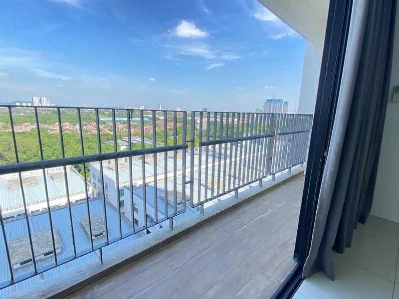 Room features: balcony, metal railing, floor-to-ceiling sliding door, grey tiled flooring, city view, green landscape view, outdoor space, sunlight exposure; style: modern; view: city.