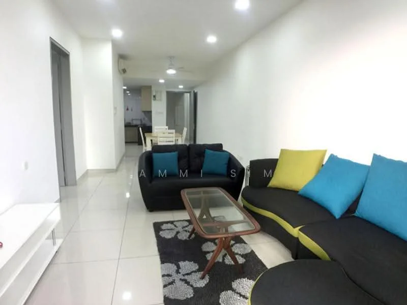 Living features: black fabric sectional sofa with blue and green cushions, glass coffee table, white TV console, white painted walls, polished tile flooring, recessed LED downlights, ceiling fan, decorative area rug with floral pattern, open layout to dining area, wall-mounted TV, large windows for natural light; style: modern.