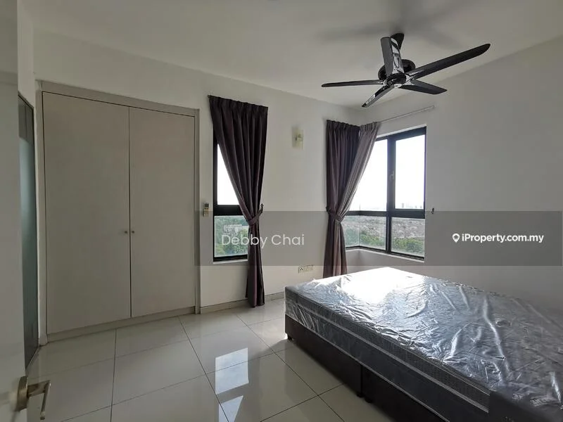 Bedroom features: queen-size bed, floor-to-ceiling windows, grey curtains, white painted walls, polished tile flooring, ceiling fan, built-in wardrobe, city view; style: modern; view: city.