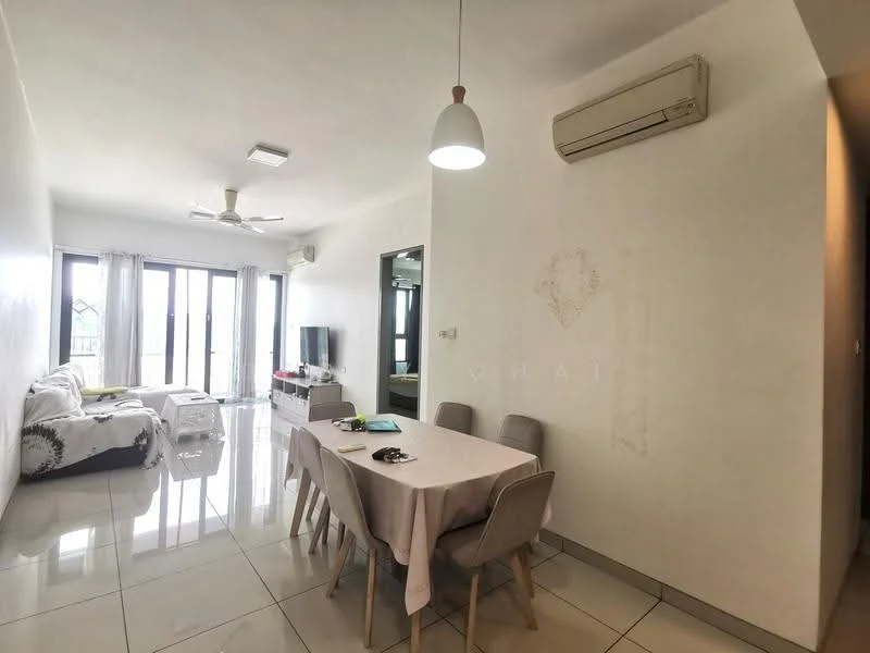 Dining features: 6-seater dining table, upholstered dining chairs, white walls, polished tile flooring, ceiling fan, wall-mounted split AC, floor-to-ceiling windows, sheer curtains, TV console, wall-mounted TV, sofa in living area; style: modern; view: city.