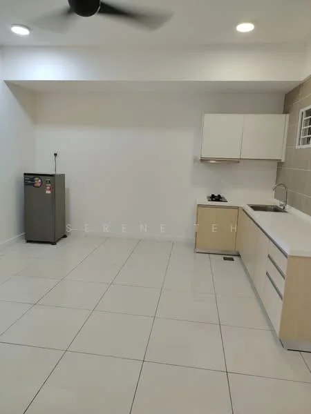 Kitchen features: white painted walls, cream cabinetry, white countertop, stainless-steel sink, chrome pull-down faucet, built-in kitchen cabinets, refrigerator, ceramic tile flooring, ceiling fan, recessed downlights; style: modern.