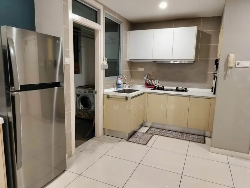 Kitchen features: stainless-steel fridge, single-bowl stainless-steel sink, chrome pull-down faucet, gas hob, built-in oven, white cabinetry, light wood cabinetry, grey tile backsplash, white tiled flooring, washing machine, countertop with space for appliances, window for natural light, kitchen rug; style: modern.