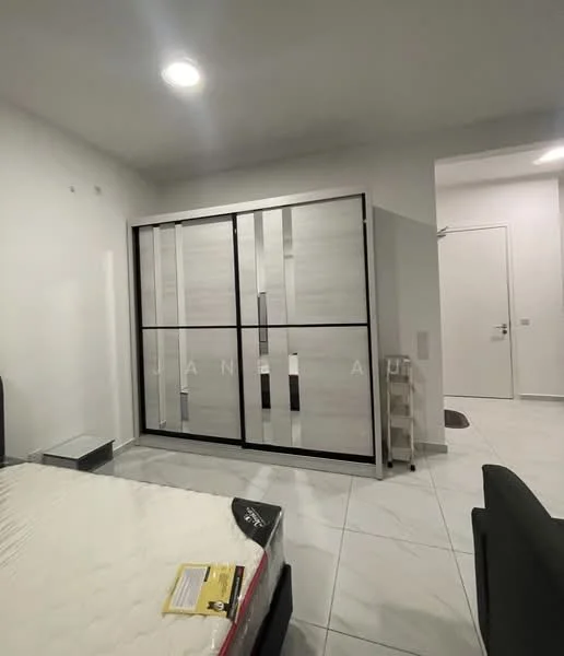 Bedroom features: white painted walls, tile flooring, built-in wardrobe with mirrored doors, queen-size bed, nightstand, door leading to hallway, overhead recessed lighting; style: modern.