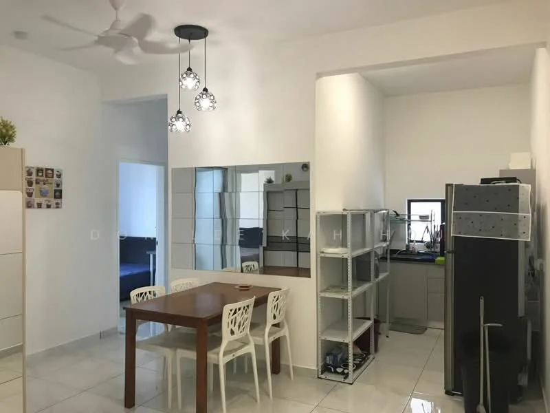 Dining features: 4-seater wooden dining table, white plastic dining chairs, white walls, glossy white tile flooring, 3 pendant lights, open layout to kitchen, mirror wall, ceiling fan; style: modern. Kitchen features: grey cabinetry, black countertop, stainless-steel fridge, built-in sink, window above sink, open shelving, kitchen utensils visible; style: modern.
