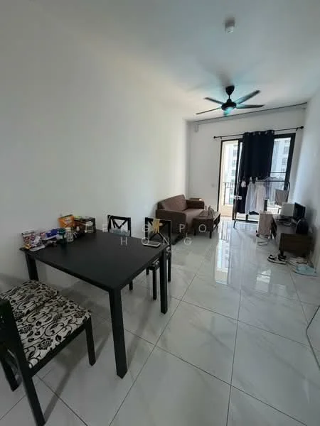 Living features: white painted walls, glossy ceramic tile flooring, 5-blade ceiling fan with light, sofa in beige, black dining table, 4 dining chairs, decorative chair with floral pattern, TV console, floor-to-ceiling sliding glass door, curtains in dark blue, small table with snacks, wall-mounted TV; style: modern; view: city.