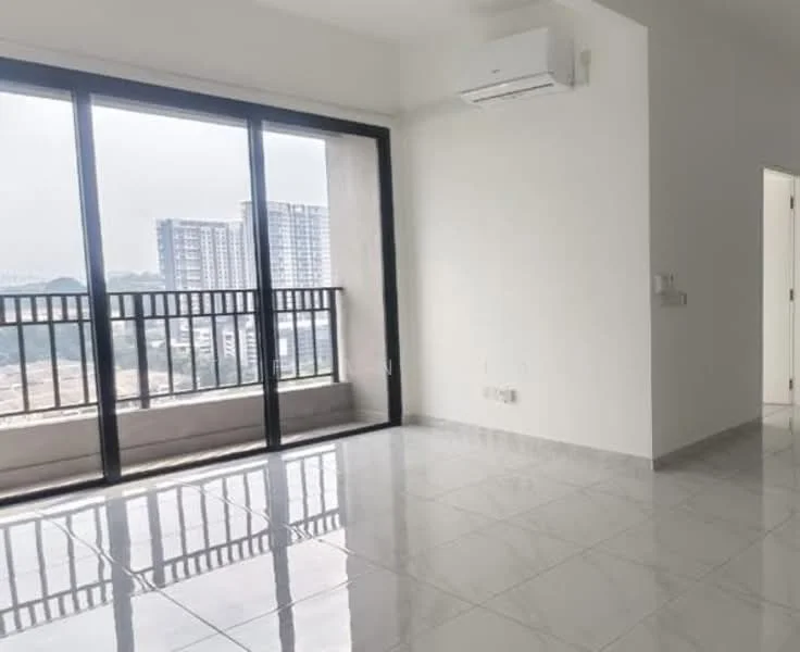 Living features: large floor-to-ceiling windows, sliding glass door, white painted walls, glossy ceramic tile flooring, 1 wall-mounted split AC, balcony with railing, neutral color scheme, open layout, natural light; style: modern; view: city.