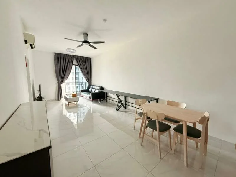 Living features: white painted walls, glossy ceramic tile flooring, 5-blade ceiling fan with light, floor-to-ceiling windows, grey curtains, black leather sofa, wooden dining table with 4 chairs, TV console, wall-mounted TV, coffee table, open layout; style: modern; view: city.
