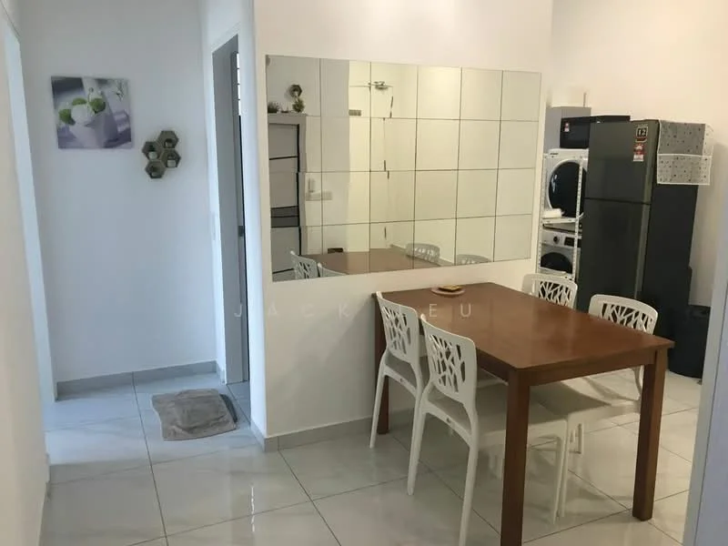 Dining features: white walls, glossy white tile flooring, rectangular wooden dining table, 4 white plastic dining chairs, large mirror on wall, refrigerator, washing machine, kitchen cabinets, decorative wall art, light fixture; style: modern.