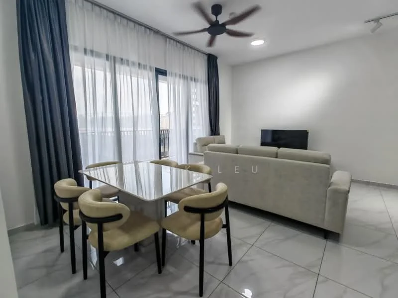 Dining features: 6-seater dining table with marble top, upholstered dining chairs, 3-seater fabric sofa in light grey, wall-mounted TV, floor-to-ceiling windows, sheer curtains, grey tiled flooring, ceiling fan with light, recessed downlights, decorative wall; style: modern.