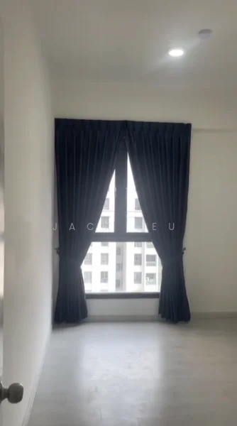 Room features: white painted walls, grey laminate flooring, floor-to-ceiling window, blackout curtains, recessed downlights; style: modern; view: city.