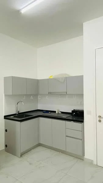 Kitchen features: grey cabinetry, black countertop, single-bowl stainless-steel sink, chrome pull-down faucet, white tiled backsplash, built-in cabinets, wall-mounted light fixture, marble tile flooring; style: modern.