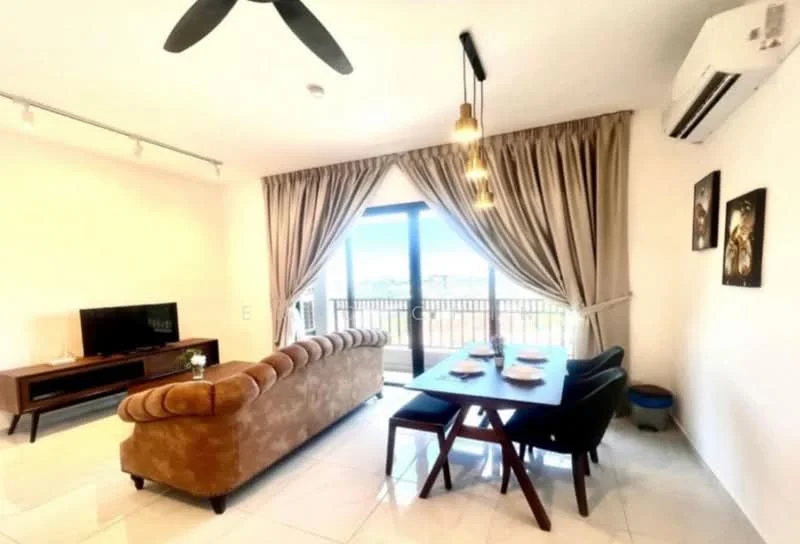 Living features: 3-seater brown leather sofa, wooden coffee table, TV console, wall-mounted TV, floor-to-ceiling windows, sliding glass door, sheer curtains, recessed downlights, ceiling fan, decorative wall art, marble tile flooring, dining table with chairs, balcony view; style: modern; view: city.