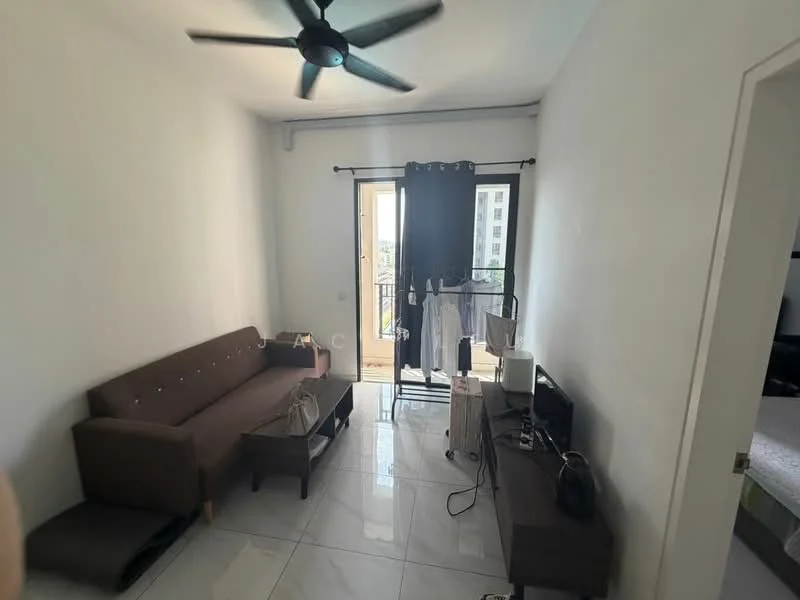 Living features: 3-seater fabric sofa in brown, white painted walls, glossy tile flooring, ceiling fan, floor-to-ceiling sliding glass door, blackout curtains, TV console, wall-mounted TV, small coffee table, decorative items on console; style: modern; view: city.
