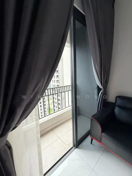Room features: floor-to-ceiling sliding glass door, black leather sofa with red trim, grey curtains, white walls, light-colored tiled flooring, balcony view; style: modern; view: city.