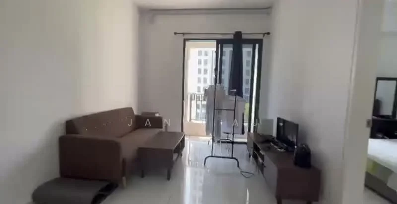 Living features: brown fabric sofa, coffee table, TV console, wall-mounted TV, floor-to-ceiling windows, sliding glass door, white painted walls, glossy tile flooring, balcony access, decorative mirror; style: modern; view: city.