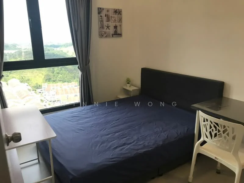 Bedroom features: queen-size bed with dark blue bedding, floor-to-ceiling window, curtains in grey, white bedside table, white chair, small decorative plant, framed artwork on wall, light grey walls, tile flooring; style: modern; view: city.