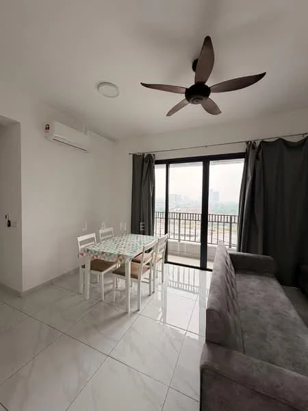 Living features: 5-blade ceiling fan, wall-mounted split AC, floor-to-ceiling windows, sliding glass door, grey curtains, white walls, marble tile flooring, rectangular dining table with checkered tablecloth, 4 white dining chairs, grey fabric sofa; style: modern; view: city.