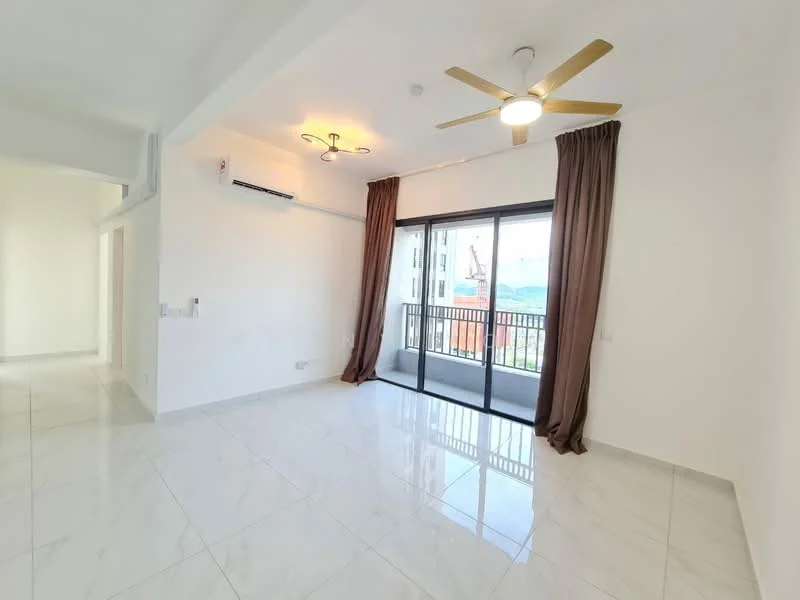 Living features: white painted walls, marble tile flooring, 5-blade ceiling fan with light, sliding glass door, floor-to-ceiling windows, curtains, balcony view, air conditioning unit; style: modern; view: city.