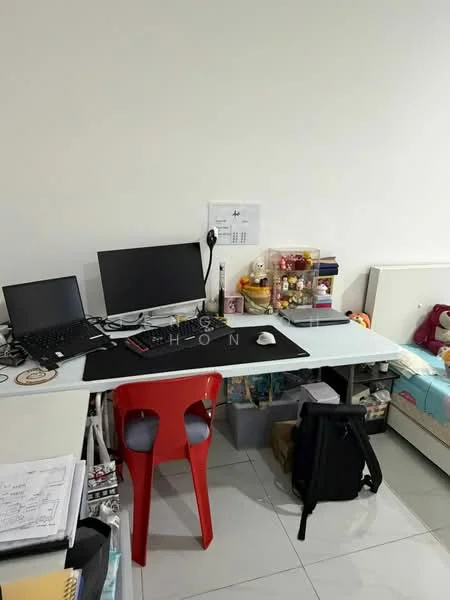 Study features: white walls, glossy tile flooring, glass-top desk, black desk mat, two computer monitors, black keyboard, mouse, red plastic chair, storage boxes, decorative items on desk, backpack, bed with light blue bedding; style: modern.