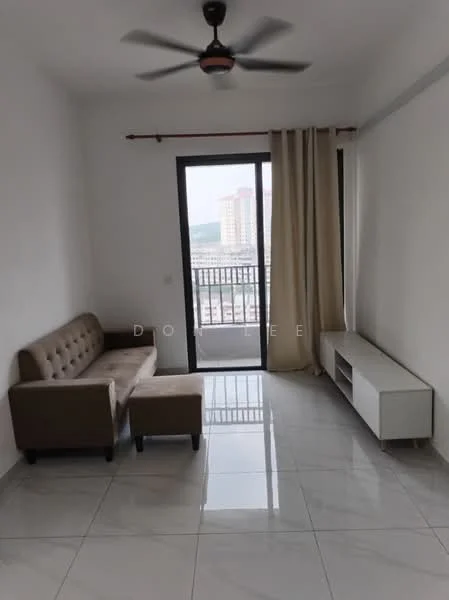 Living features: light grey walls, white ceiling, 5-blade ceiling fan with light, large sliding glass door, floor-to-ceiling windows, curtains, brown fabric sofa with chaise, white TV console, glossy white tile flooring; style: modern; view: city.