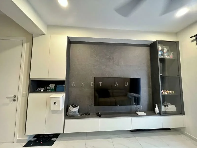 Living features: wall-mounted TV, grey stone feature wall, white cabinetry, built-in storage, glass display cabinet, white low-profile media console, marble tile flooring, recessed ceiling lights, ceiling fan; style: modern.