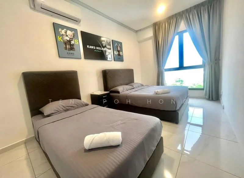 Bedroom features: two single beds with grey upholstered headboards, grey bed linens, white towels on beds, nightstand with drawer, floor-to-ceiling window, curtains in light grey, white painted walls, glossy white tile flooring, air conditioning unit mounted on wall, decorative artwork on walls; style: modern; view: city.
