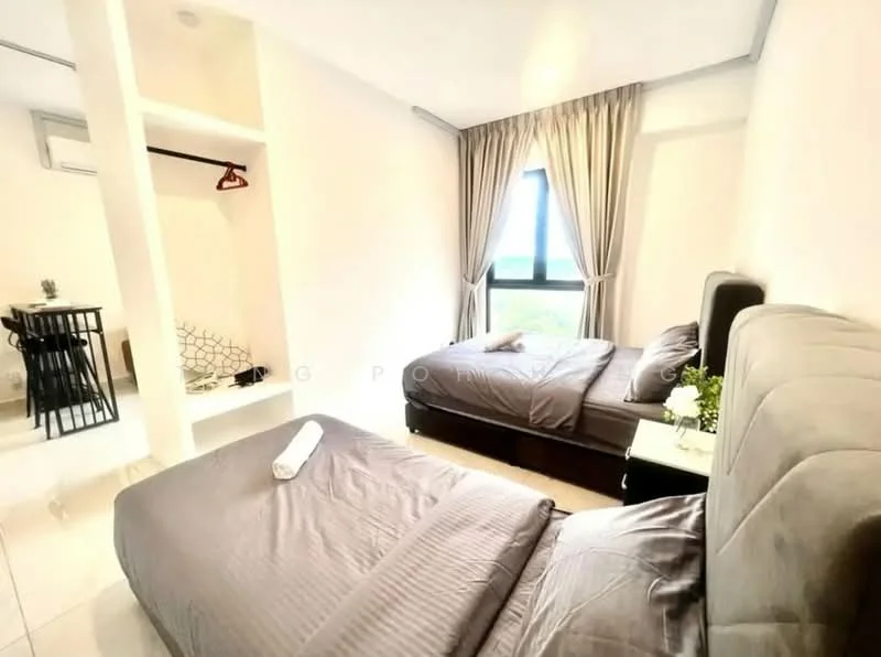 Bedroom features: two beds, grey bedding, upholstered headboard, window with view, curtains, white walls, tile flooring, built-in wardrobe, study desk, chair, air conditioning unit; style: modern; view: city.