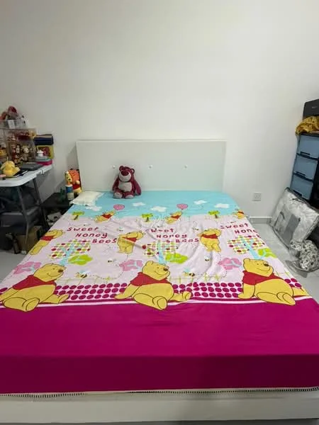 Bedroom features: queen-size bed with colorful bedding featuring cartoon characters, white bed frame, light-colored walls, carpeted flooring, decorative stuffed toys on the bed, nightstand with items on it, blue storage drawers, wall-mounted decor, window with natural light.