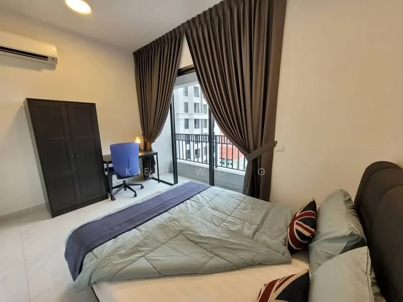 Bedroom features: king-size bed with grey bedding, upholstered headboard, two decorative pillows with patterns, floor-to-ceiling window, blackout curtains, study desk with blue chair, built-in wardrobe in dark finish, white painted walls, marble tile flooring, wall-mounted air conditioning unit; style: modern; view: city.