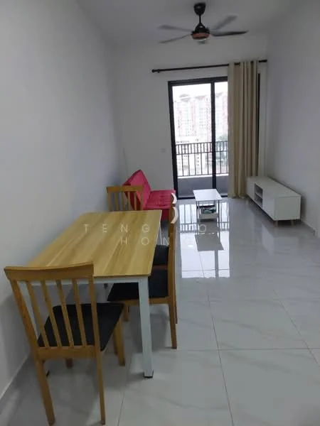 Living features: white painted walls, glossy white tile flooring, 5-blade ceiling fan with light, sliding glass door, floor-to-ceiling windows, curtains, sofa in pink, wooden dining table, 4 wooden dining chairs, TV console in white, coffee table; style: modern; view: city.