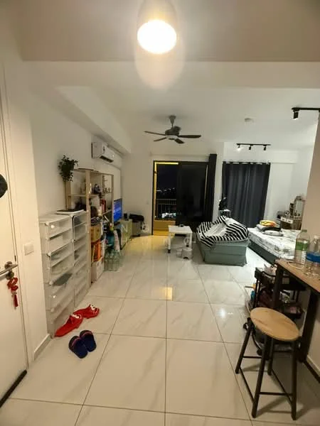 Living features: white painted walls, marble tile flooring, 5-blade ceiling fan with light, floor-to-ceiling windows, blackout curtains, sofa in grey, coffee table, TV console, area rug, open shelving, decorative plants, sliding glass door, dining stools; style: modern; view: city.