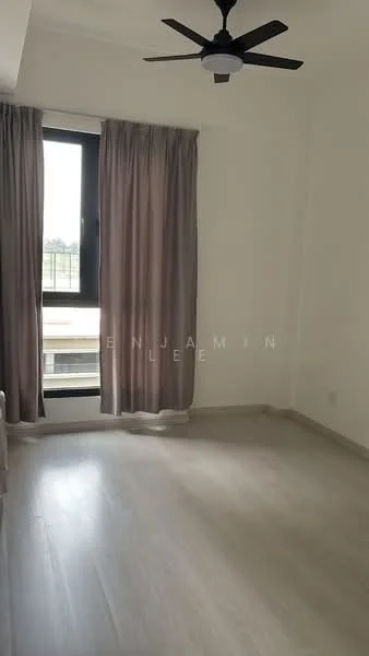 Room features: light wood laminate flooring, white painted walls, floor-to-ceiling window, grey curtains, 5-blade ceiling fan, natural light, window with view, minimalist decor; style: modern; view: garden.