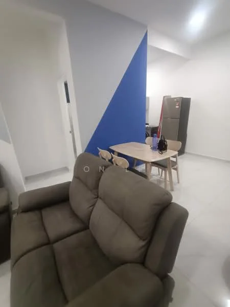 Living features: grey fabric sofa, light-colored walls, blue accent wall, white ceiling, dining table with four chairs, refrigerator, tile flooring, natural light from windows; style: modern.