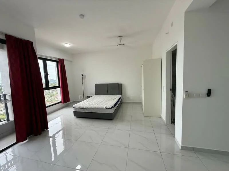 Bedroom features: queen-size bed, grey upholstered headboard, white bedding, white walls, large floor-to-ceiling windows, red curtains, ceiling fan, white tiled flooring, built-in wardrobe, lamp, door to hallway; style: modern; view: city.